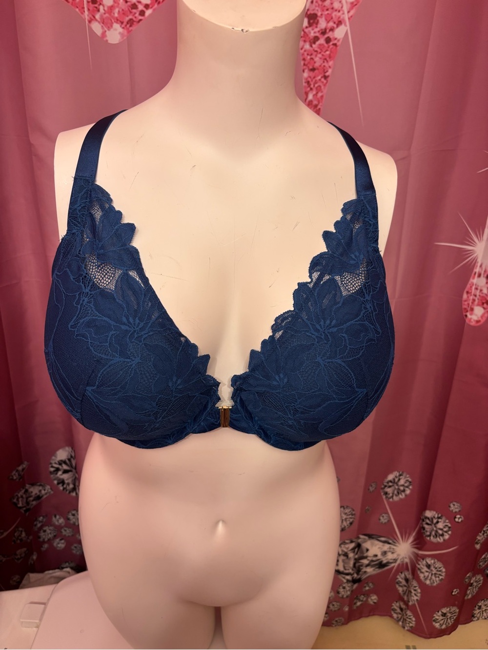 Auden Navy Floral Lace Plunge Front-Close Bra